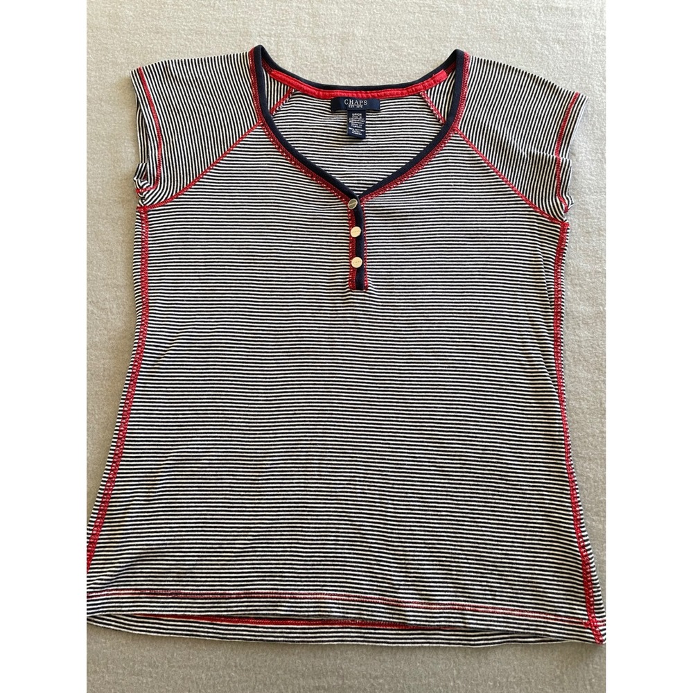 Chaps Womens Navy White Striped Henley Top Red Contrast Stitch Cap Sleeve Small